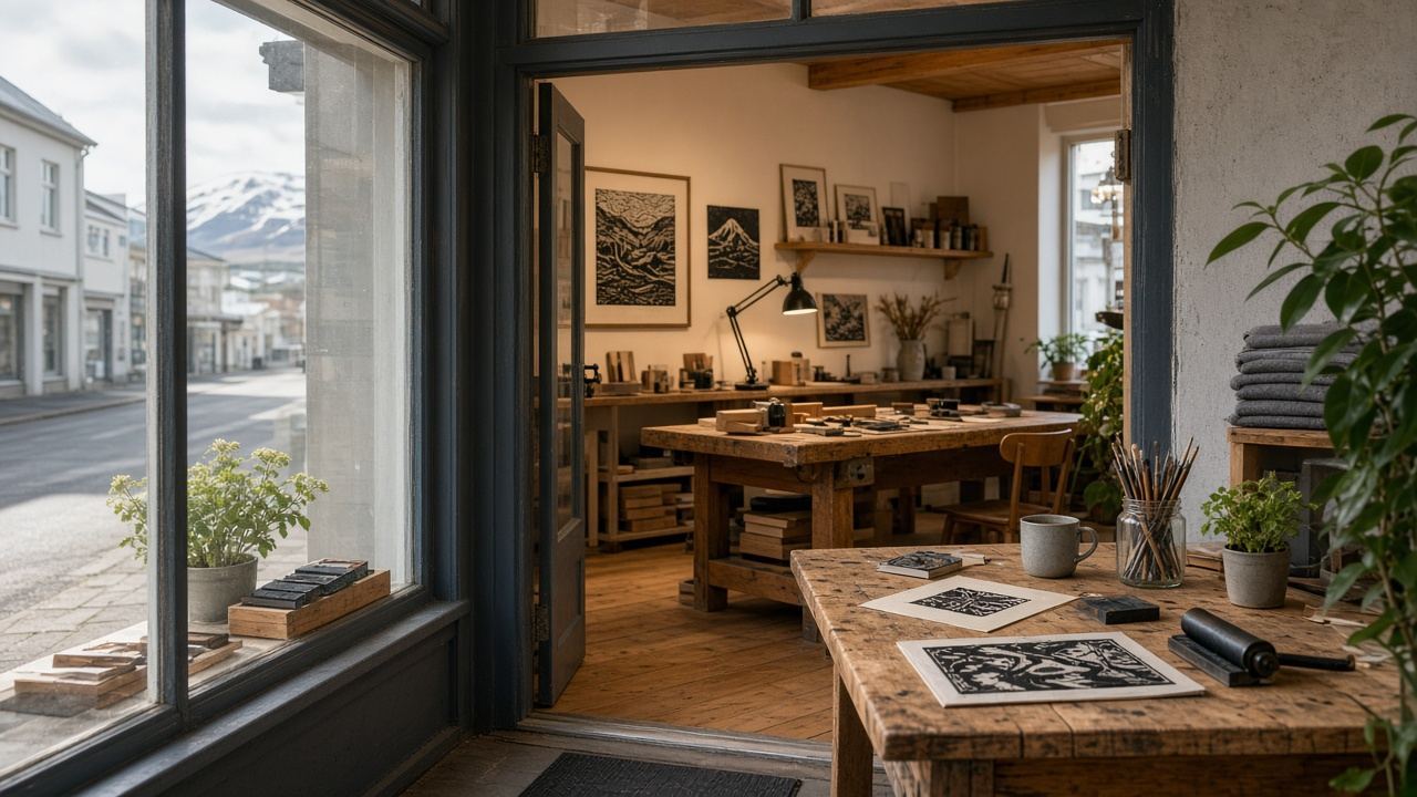 Printmaking / linocut studio workspace at Print Studio Countsovve
